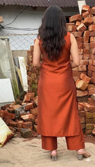 ANNI Designer Women’s Rayon Viscose Straight Solid Kurta with Palazzo Set | Sleeveless Ethnic Wear | Comfortable Two Piece Outfit for Office, Casual & Daily Use (Orange)