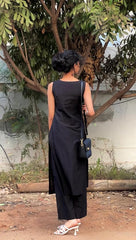 ANNI Designer Women’s Rayon Viscose Straight Solid Kurta with Palazzo Set | Sleeveless Ethnic Wear | Comfortable Two Piece Outfit for Office, Casual & Daily Use (Black)
