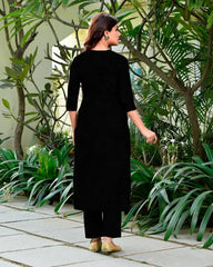 ANNI Designer Women's Rayon Viscose Straight Solid Kurta with Pant & Dupatta (Black & Green)