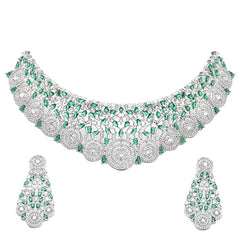 ZENEME Rhodium-Plated Silver American Diamond Choker Necklace with Earrings Jewellery Set with Girls and Women (Green)