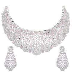 ZENEME Rhodium-Plated Silver American Diamond Choker Necklace with Earrings Jewellery Set with Girls and Women (Pink)