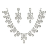 ZENEME Rhodium-Plated Silver Toned Square Shaped American Diamond Studded Necklace with Earring Jewellery Set for Girls and Women (White)