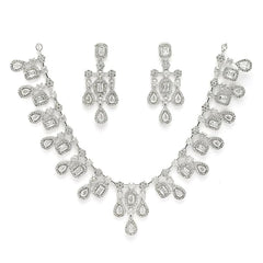 ZENEME Rhodium-Plated Silver Toned Square Shaped American Diamond Studded Necklace with Earring Jewellery Set for Girls and Women (White)