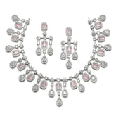 ZENEME Rhodium-Plated Silver Toned Square Shaped American Diamond Studded Necklace with Earring Jewellery Set for Girls and Women (Pink)