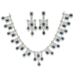ZENEME Rhodium-Plated Silver Toned Square Shaped American Diamond Studded Necklace with Earring Jewellery Set for Girls and Women (Blue)