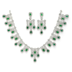 ZENEME Rhodium-Plated Silver Toned Square Shaped American Diamond Studded Necklace with Earring Jewellery Set for Girls and Women (Green)