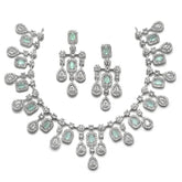 ZENEME Rhodium-Plated Silver Toned Square Shaped American Diamond Studded Necklace with Earring Jewellery Set for Girls and Women (Lime Green)
