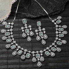ZENEME Rhodium-Plated Silver Toned Square Shaped American Diamond Studded Necklace with Earring Jewellery Set for Girls and Women (Lime Green)