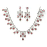 ZENEME Rhodium-Plated Silver Toned Square Shaped American Diamond Studded Necklace with Earring Jewellery Set for Girls and Women (Red)