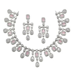 ZENEME Rhodium-Plated Silver Toned Square Shaped American Diamond Studded Necklace with Earring Jewellery Set for Girls and Women (Pink)