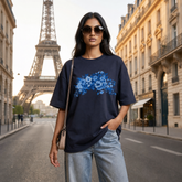 US Trend Women's Premium Oversized Printed T-Shirt | Dark Navy Color | 100% Cotton French Terry | 240 GSM | Drop Shoulder | Graphic Design Tee