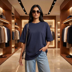 Women's Premium Oversized T-Shirt | Navy Color | 100% Cotton French Terry Loopknit Fabric | 240 GSM | Drop Shoulder Fit