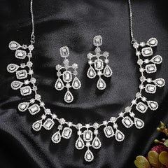 ZENEME Rhodium-Plated Silver Toned Square Shaped American Diamond Studded Necklace with Earring Jewellery Set for Girls and Women (White)