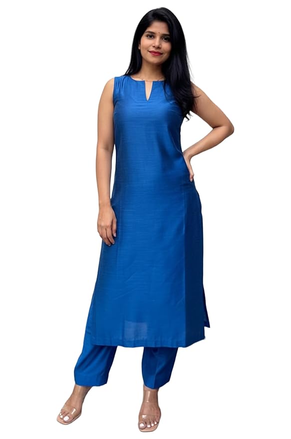 ANNI Designer Women’s Rayon Viscose Straight Solid Kurta with Palazzo Set | Sleeveless Ethnic Wear | Comfortable Two Piece Outfit for Office, Casual & Daily Use (Blue)