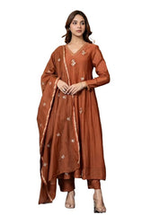 KLOSIA Women Embroidery Solid Anarkali Kurta and Pant Set with Dupatta (Orange)