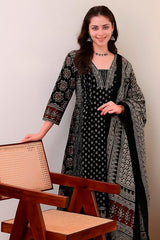 KLOSIA Women's Rayon Printed Anarkali Kurta and Pant with Dupatta Set (Black)