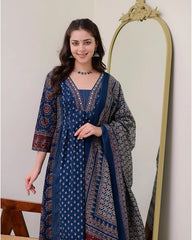 KLOSIA Women's Rayon Printed Anarkali Kurta and Pant with Dupatta Set (Teal Blue)