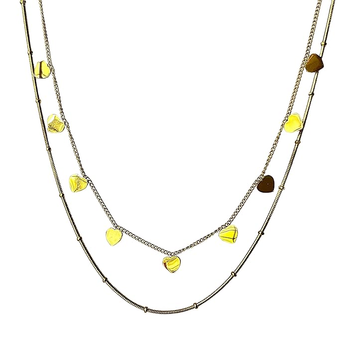 2 Layered Gold Heart Charm chain Necklace, Dainty Chain, Stainless Steel Anti tarnish chain western style.