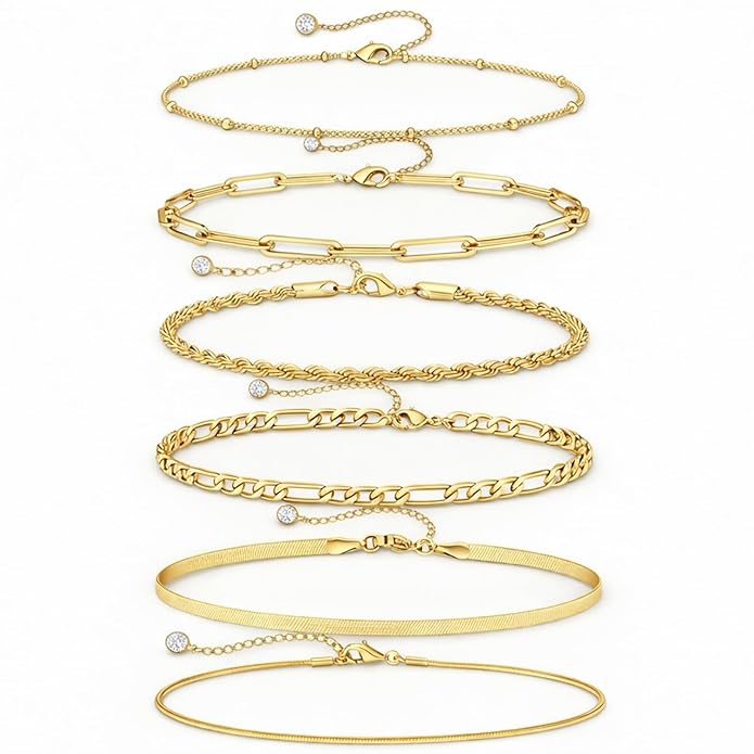 VAMA FASHIONS Gold Plated Bracelet Set Rope Figaro Paperclip Snake Herringbone & Beads Chain Hand Jewelry for Women – Set of 6