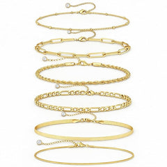 VAMA FASHIONS Gold Plated Bracelet Set Rope Figaro Paperclip Snake Herringbone & Beads Chain Hand Jewelry for Women – Set of 6
