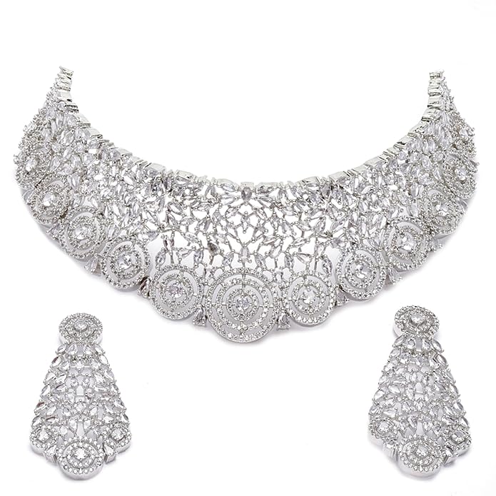 ZENEME Rhodium-Plated Silver American Diamond Choker Necklace with Earrings Jewellery Set with Girls and Women (White)