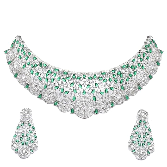 ZENEME Rhodium-Plated Silver American Diamond Choker Necklace with Earrings Jewellery Set with Girls and Women (Green)