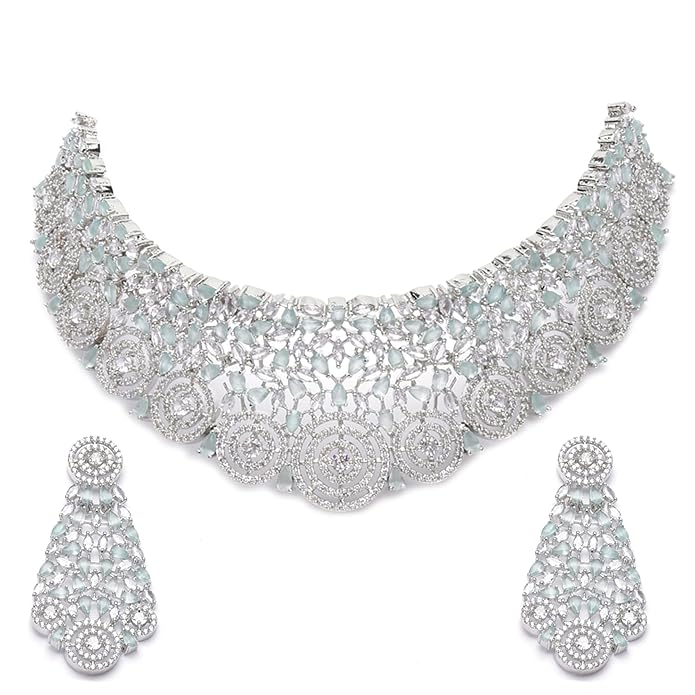 ZENEME Rhodium-Plated Silver American Diamond Choker Necklace with Earrings Jewellery Set with Girls and Women (Lime Green)