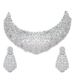 ZENEME Rhodium-Plated Silver American Diamond Choker Necklace with Earrings Jewellery Set with Girls and Women (Lime Green)