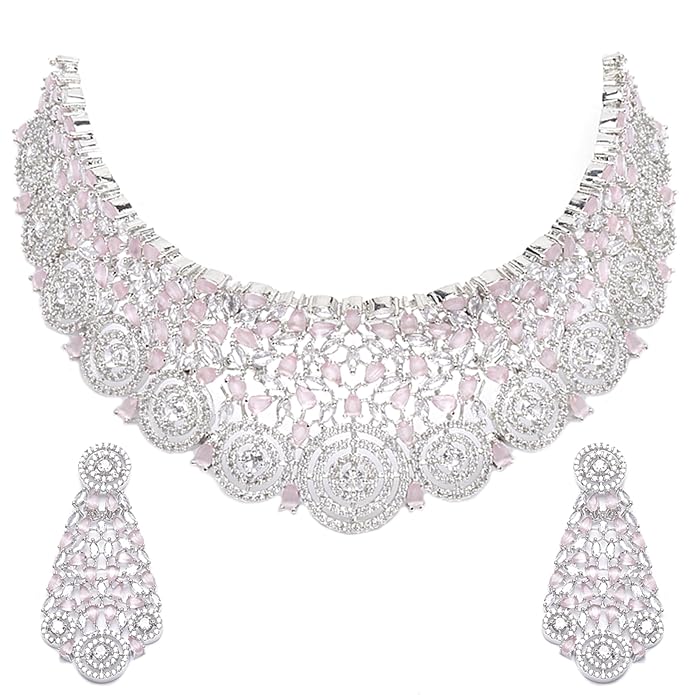 ZENEME Rhodium-Plated Silver American Diamond Choker Necklace with Earrings Jewellery Set with Girls and Women (Pink)