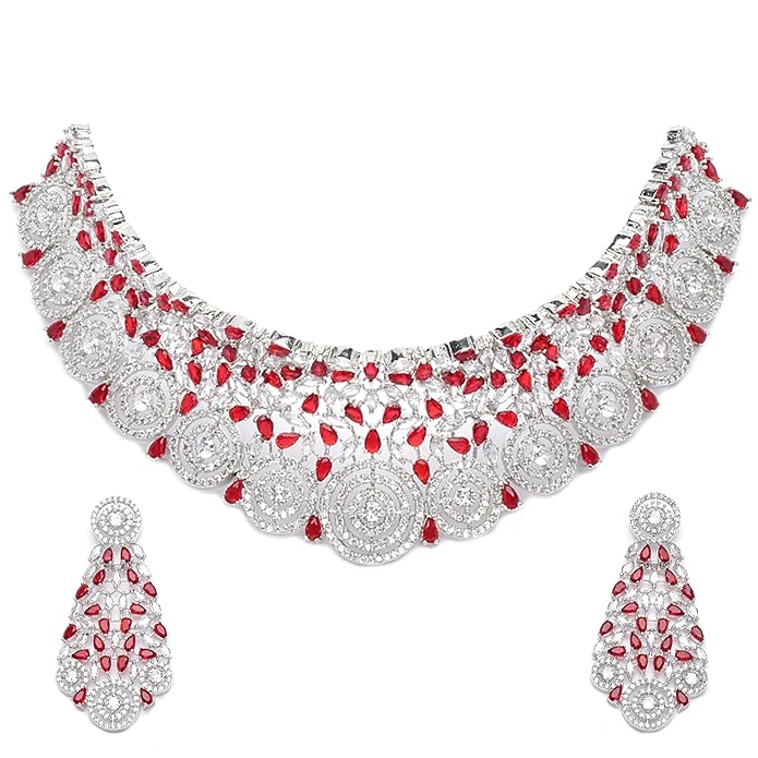 ZENEME Rhodium-Plated Silver American Diamond Choker Necklace with Earrings Jewellery Set with Girls and Women (Red)