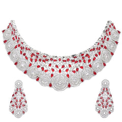 ZENEME Rhodium-Plated Silver American Diamond Choker Necklace with Earrings Jewellery Set with Girls and Women (Red)