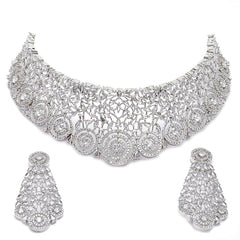 ZENEME Rhodium-Plated Silver American Diamond Choker Necklace with Earrings Jewellery Set with Girls and Women (White)