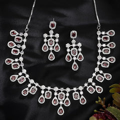 ZENEME Rhodium-Plated Silver Toned Square Shaped American Diamond Studded Necklace with Earring Jewellery Set for Girls and Women (Red)