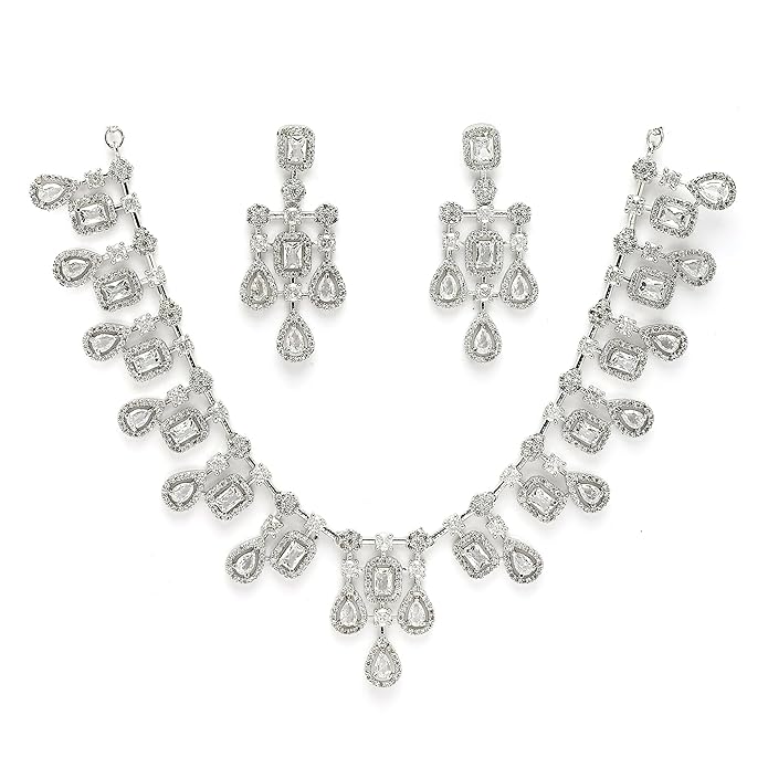 ZENEME Rhodium-Plated Silver Toned Square Shaped American Diamond Studded Necklace with Earring Jewellery Set for Girls and Women (White)