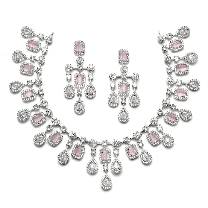 ZENEME Rhodium-Plated Silver Toned Square Shaped American Diamond Studded Necklace with Earring Jewellery Set for Girls and Women (Pink)