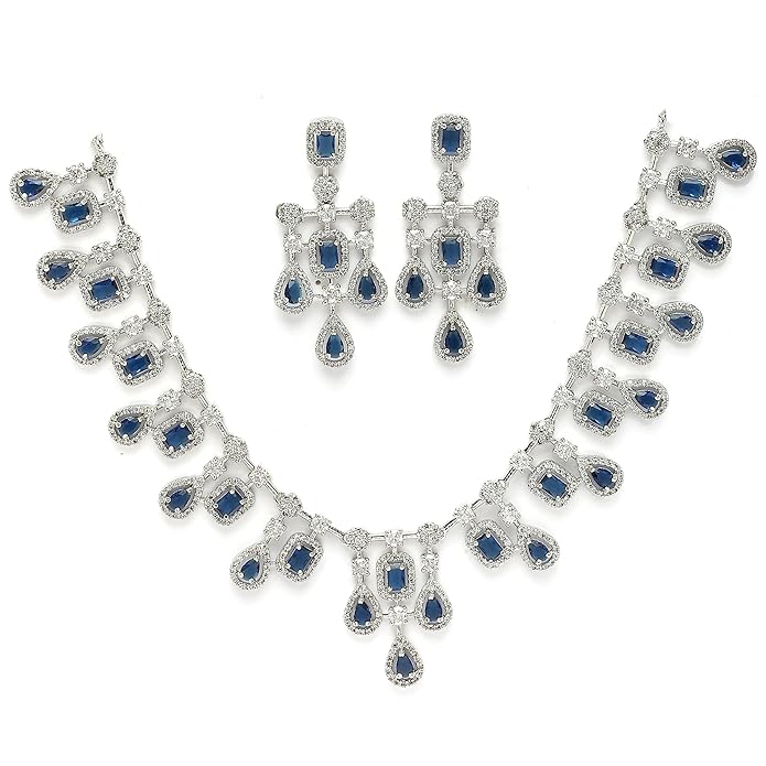 ZENEME Rhodium-Plated Silver Toned Square Shaped American Diamond Studded Necklace with Earring Jewellery Set for Girls and Women (Blue)