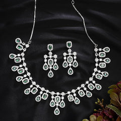 ZENEME Rhodium-Plated Silver Toned Square Shaped American Diamond Studded Necklace with Earring Jewellery Set for Girls and Women (Green)