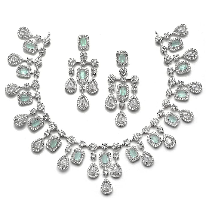ZENEME Rhodium-Plated Silver Toned Square Shaped American Diamond Studded Necklace with Earring Jewellery Set for Girls and Women (Lime Green)