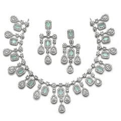 ZENEME Rhodium-Plated Silver Toned Square Shaped American Diamond Studded Necklace with Earring Jewellery Set for Girls and Women (Lime Green)