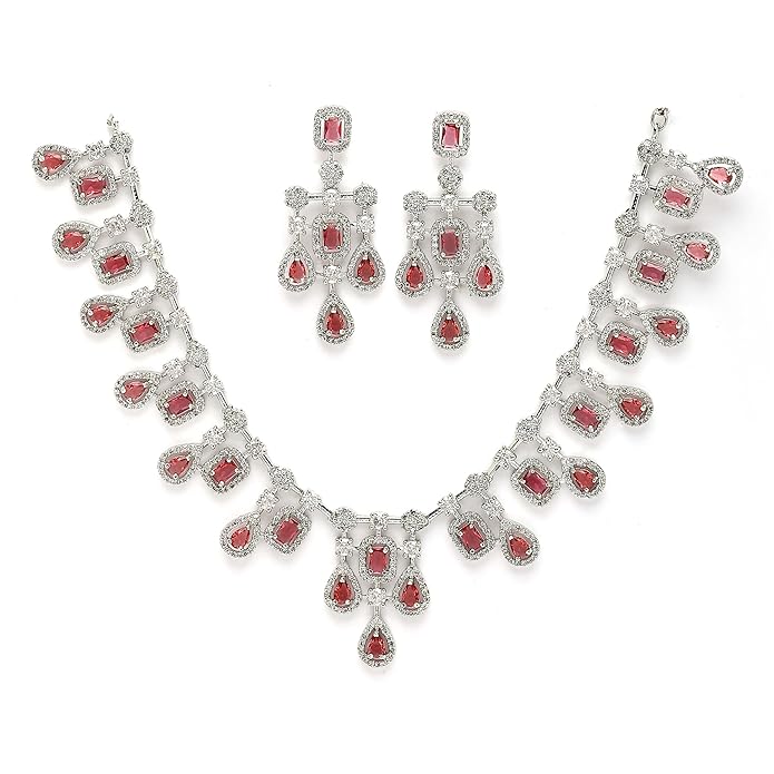 ZENEME Rhodium-Plated Silver Toned Square Shaped American Diamond Studded Necklace with Earring Jewellery Set for Girls and Women (Red)