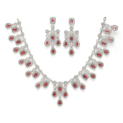ZENEME Rhodium-Plated Silver Toned Square Shaped American Diamond Studded Necklace with Earring Jewellery Set for Girls and Women (Red)