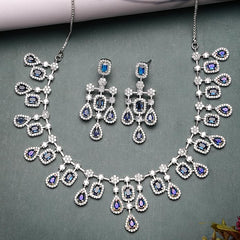 ZENEME Rhodium-Plated Silver Toned Square Shaped American Diamond Studded Necklace with Earring Jewellery Set for Girls and Women (Blue)