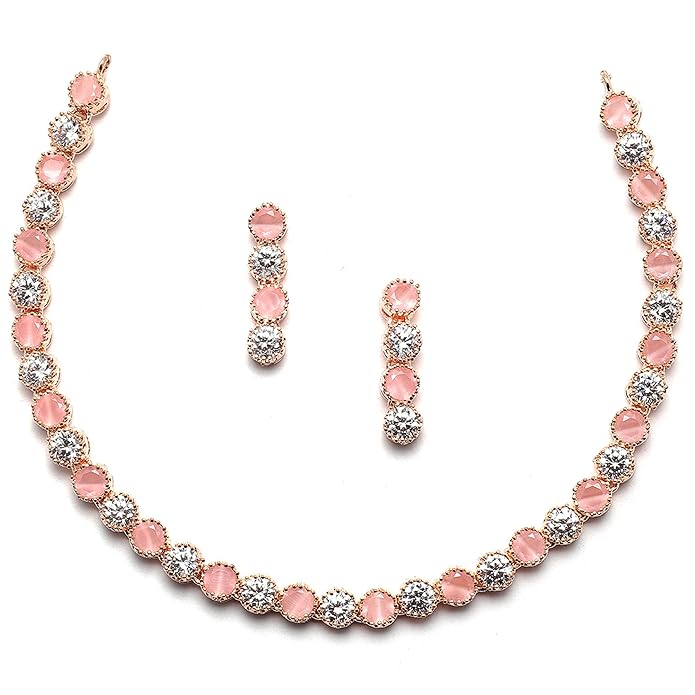 ZENEME Jewellery Set Classic Style AD/American Diamond Studded Rose Gold Plated Handcrafted Circle Necklace Set for Women & Girls