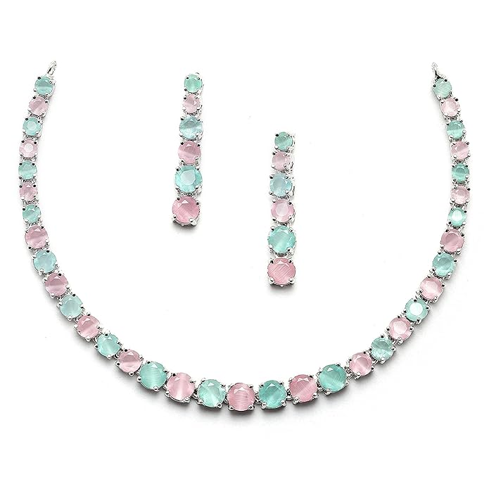 ZENEME Jewellery Set Classic Style AD/American Diamond Studded Rose Gold Plated Handcrafted Circle Necklace Set for Women & Girls