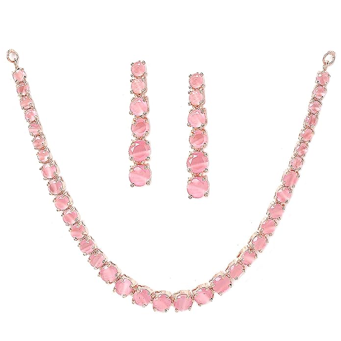 ZENEME Jewellery Set Classic Style AD/American Diamond Studded Rose Gold Plated Handcrafted Circle Necklace Set for Women & Girls