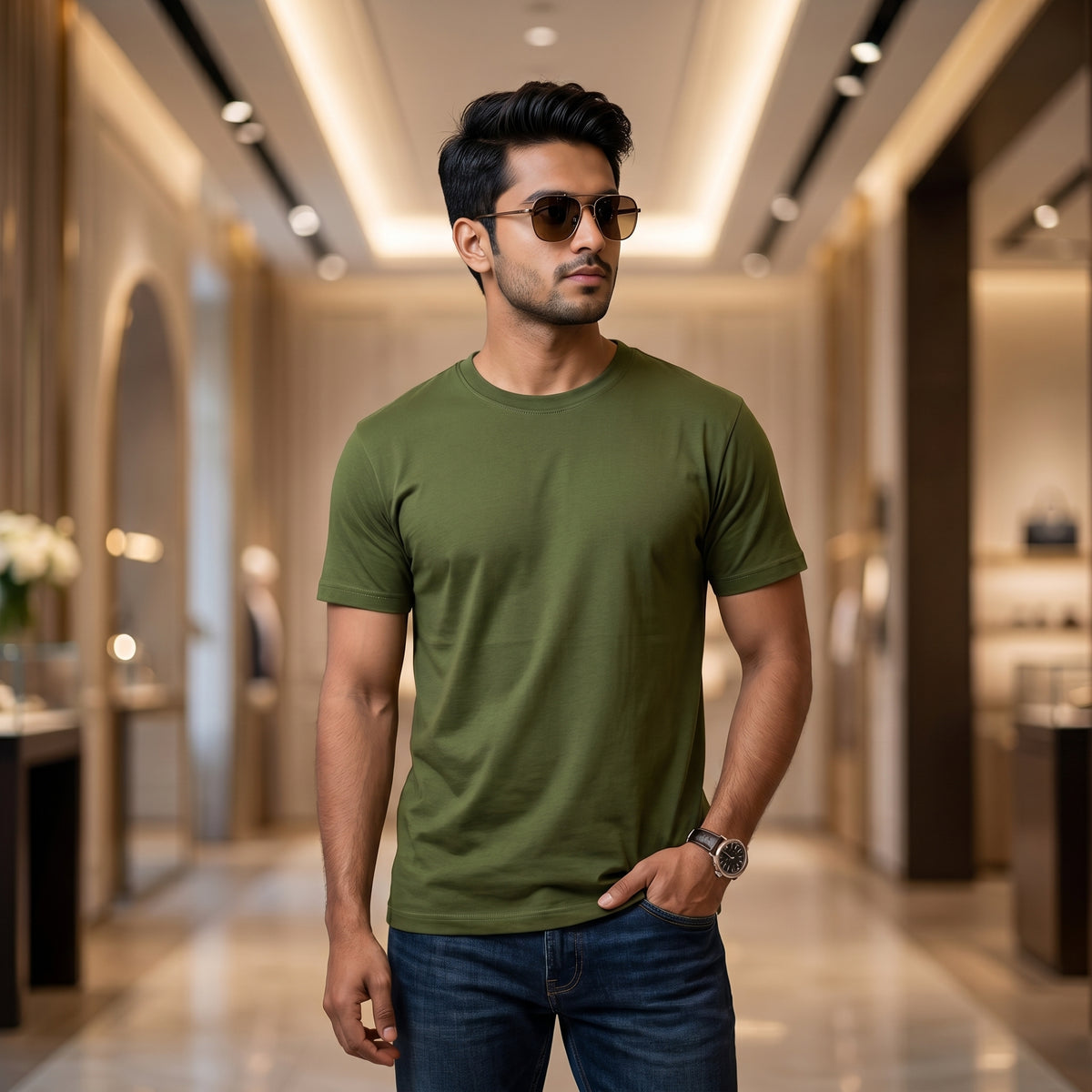 Men's Premium Plain T-Shirt | Olive Green color Regular Fit | 100% Fine Combed Cotton | 180 GSM | Double Bio Wash & Silicon Wash
