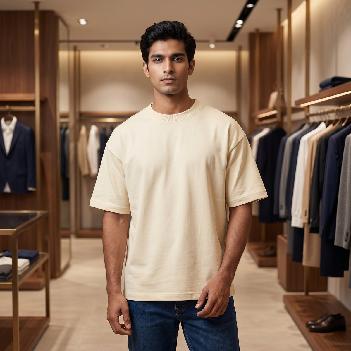 Men's Premium Oversized T-Shirt | Beige Color | 100% Cotton French Terry Loopknit Fabric | 240 GSM | Drop Shoulder Fit
