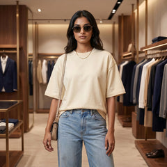 Women's Premium Oversized T-Shirt | Beige Color | 100% Cotton French Terry Loopknit Fabric | 240 GSM | Drop Shoulder Fit
