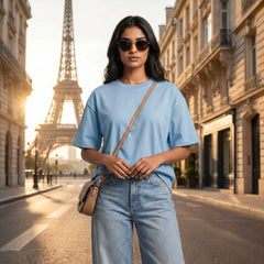Women's Premium Oversized T-Shirt | Sky Blue Color | 100% Cotton French Terry Loopknit Fabric | 240 GSM | Drop Shoulder Fit