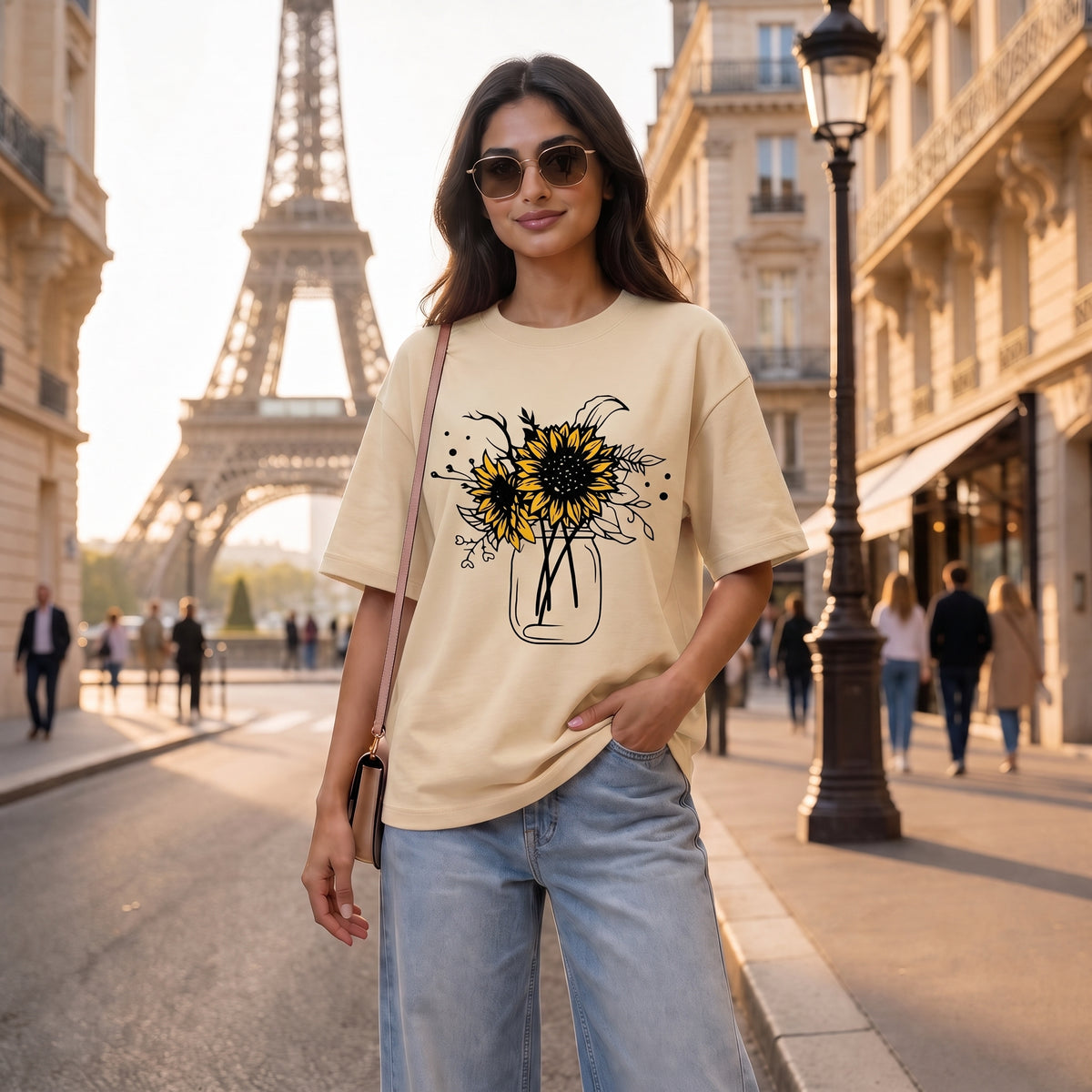 US Trend Printed Women's Premium Oversized Printed T-Shirt | Beige Color | 100% Cotton French Terry | 240 GSM | Drop Shoulder | Graphic Design Tee